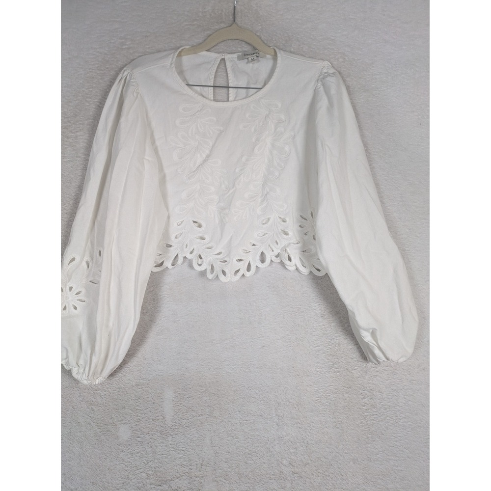 Francesca's Blouse Women's M White Eyelet Scalloped Hem Linen Blend